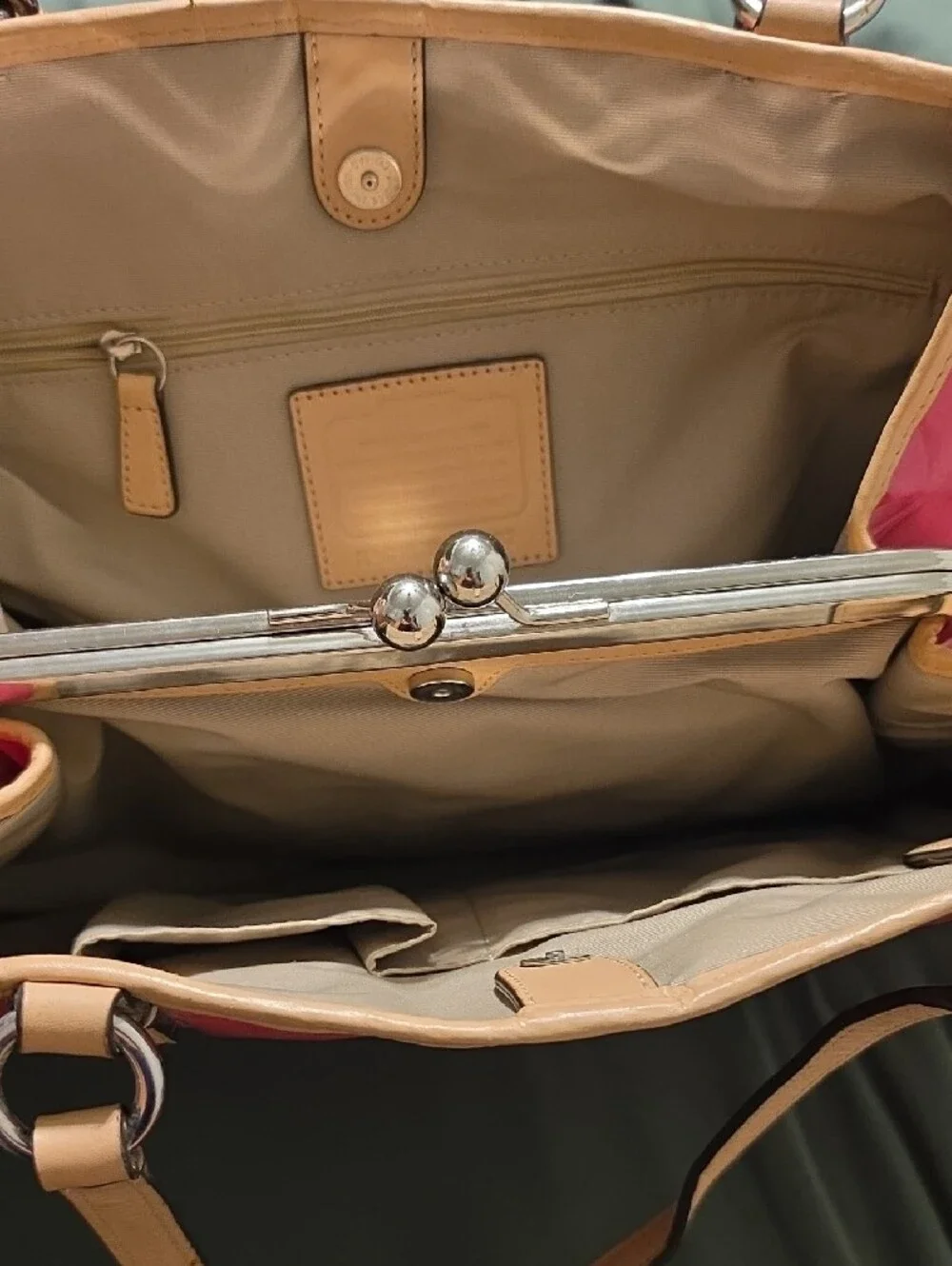 Coach Pink Patent Tote with Tan Leather Straps